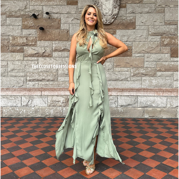 💚 ZARA Halter Neck Midi Dress NWT | Sea Green Ruffle Floral Detail M/L - Picture 14 of 16